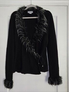Ann Trinity Black Faux-Fur Trim Tie Front Cardigan Sweater Women's XL Y2K